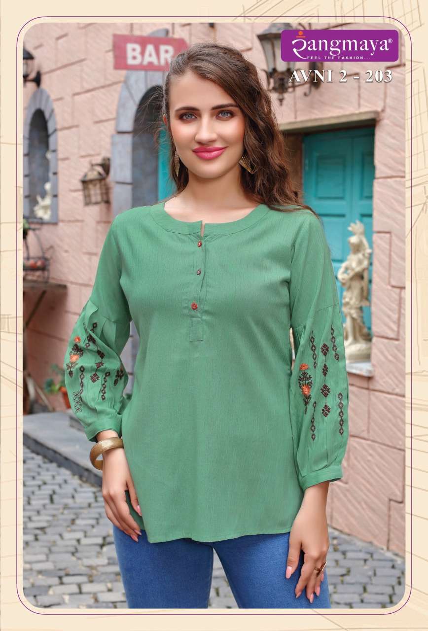 Rangmaya-avni Vol-2-fabric-rayon-imported-sleeves-work-short-top-kurti-203